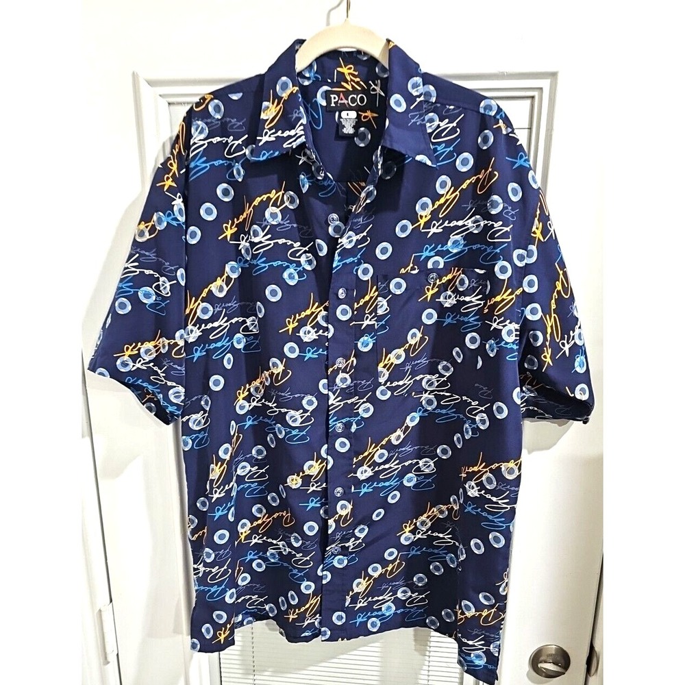 Paco‎ Jeans Co Button Up Shirt Sz L Script Rare All Over Print